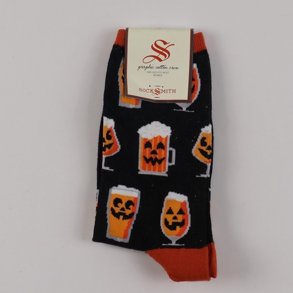 Socksmith Crew Socks Pumpkin Beer Black Halloween Graphic One Size Cotton NEW